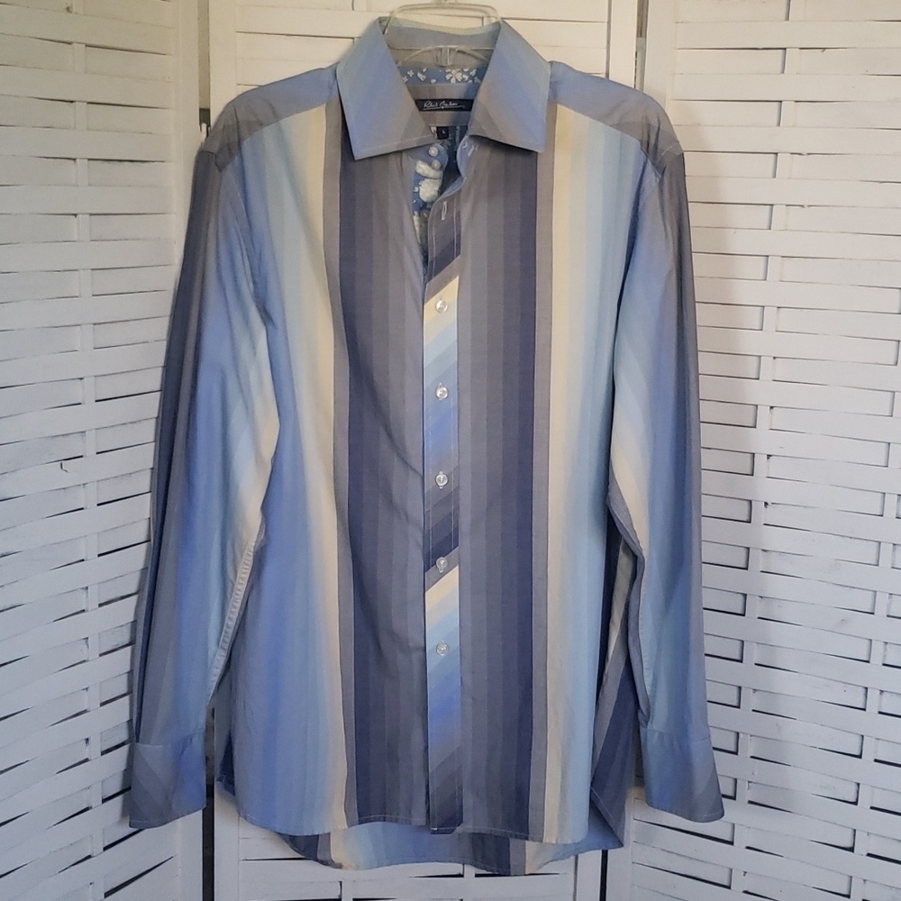 Robert Graham blue yellow and gray stripes mens button down shirt L